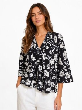 Zara Linen Blend Black & White Floral Blouse Top Small